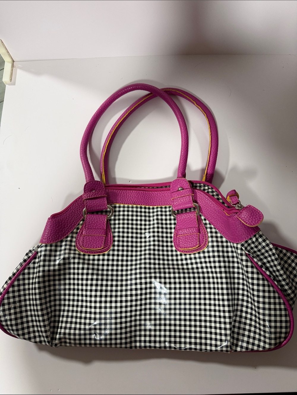 Black & White Gingham Tote with Fuchsia Trim